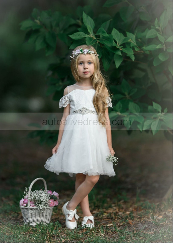 Cold Shoulder Ivory Lace Tulle Short Flower Girl Dress